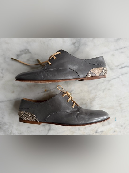 Chloe Shoes - Chloe Men's Gray Leather Oxfords with Tan Laces and Snakeskin Accent